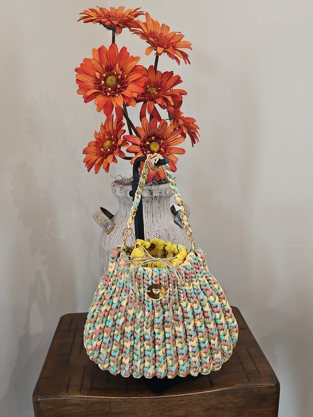 Hand Crochet T-shirt yarn bag with Gold Chain.  Inside is a drawstring bag.